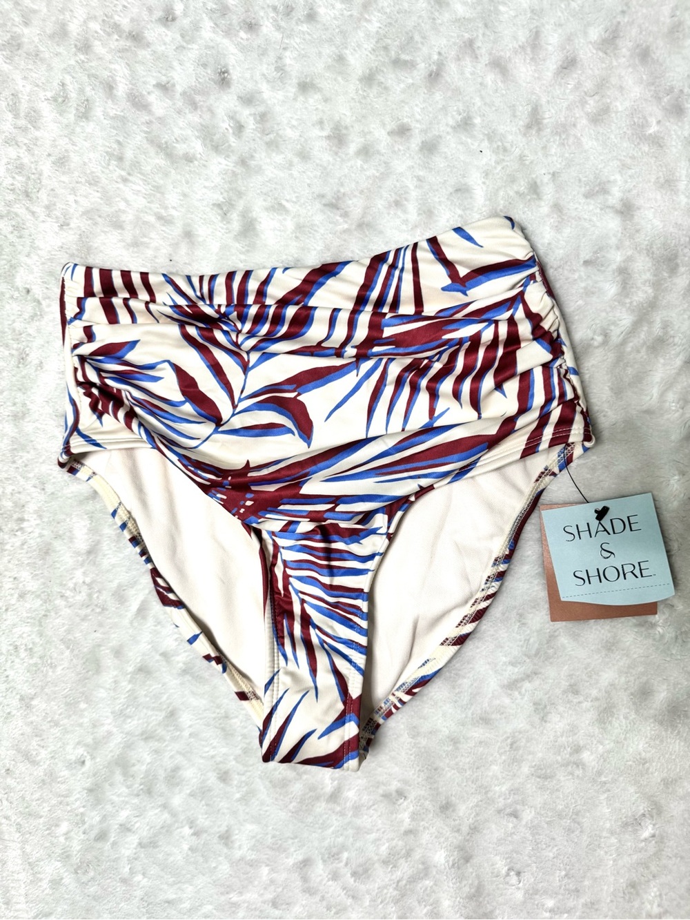 NWT- Shade & Shore Cream HIgh Wasted Tropical Leaf Bikini Bottoms
